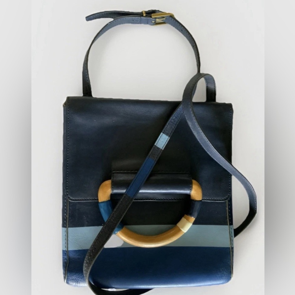 TORY BURCH BLUE MULTI DIPPED LEATHER CROSSBODY BAG W/WOOD HANDLE